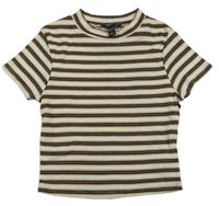 Smetanovo-černo-hnědé pruhované žebrované crop tričko New Look