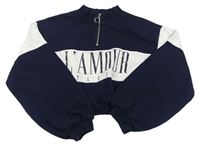 Tmavomodro-biela crop mikina s nápisom Matalan