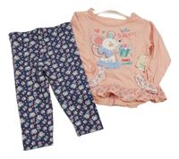Nové - 2set - Růžové triko s myškou a květy + tmavomodré květované legíny Heatons