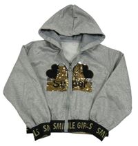 Sivá melírovaná prepínaci mikina s překlápěcími flitre a kapucňou