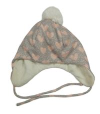 Šedá puntíkatá čepice se srdíčky a bambulí