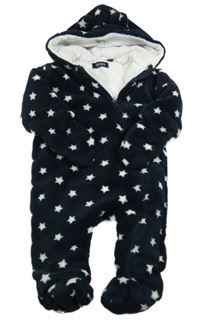 Tmavomodrá chlpatá zateplená kombinéza s hviezdami a kapucňou Blue Seven