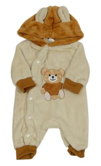 Béžovo-hnedá chlpatá kombinéza s medvěďom a kapucňou