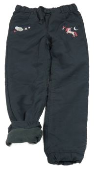 Antracitové šusťákové zateplené kalhoty s jednorožcem Topolino