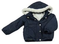 Tmavomodrá šusťáková zimní bunda s hvězdami a kapucí