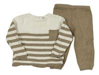 2set - Bílo-hnědý svetr s pruhy a kapsou + hnědé pletené tepláky