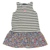 Bielo-čierno-farebné bavlnené šaty s pruhmi a kvetinami