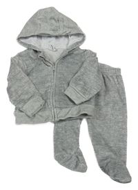 2set - Šedá melírovaná plyšová propínací mikina s kapucí + polodupky DKNY