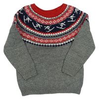 Sivo-modro-červený vzorovaný pletený sveter Tu