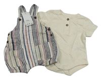 2 set - Smetanové body + smetanovo-tmavomodré pruhované lněné laclové kraťasy George