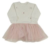 Bílo-růžové teplákové šaty s tylovou sukní a 3D květy Matalan