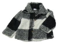 Bílo-černá kostkovaná chlupatá propínací mikina s límečkem 