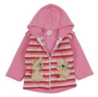 Růžovo-tmavorůžová propínací mikina s kočkami a kapucí 