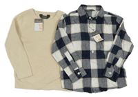 Nové - 2 set - smetanový svetr + tmavomodro-smetanová kostkovaná košile Primark