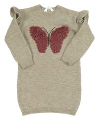 Světlebéžové pletené šaty s motýlkem a volánky Primark