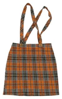 Oranžovo-čierna kockovaná úpletová sukňa s trakami