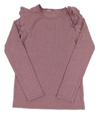 Starorůžové třpytivé žebrované triko s volánky H&M