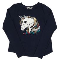 Tmavomodré tričko s jednorožcem z flitrů H&M
