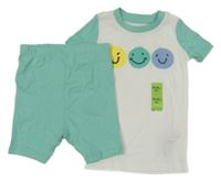 Nové - 2 set - bílo-zelené tričko se smajlíky + kraťasy Primark