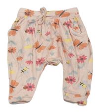 Svetloružové kvetované ľahké nohavice s motýly