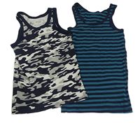 2set - 2x tílko - černo-šedé army + zeleno-tmavomodré pruhované