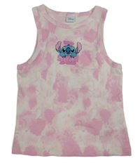 Bílo-růžový batikovaný žebrovaný crop top se Stitchem Disney