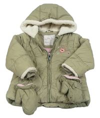 Khaki šusťáková zimní bunda s kytičkami a kapucí + rukavice