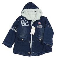 Nové - Tmavomodrá rifľová zateplená bunda s číslami a kapucňou