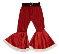 Červené sametové flare legíny s kožešinou a páskem