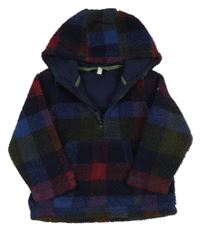 Tmavomodro-khaki-červená kostkovaná huňatá mikina s kapucí Joules