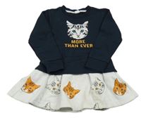 Tmavomodro-bílé teplákové šaty s kočičkami 