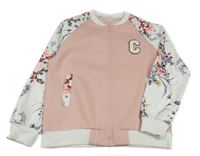 Růžovo-bílá propínací mikina s písmenem a květovanými rukávy 