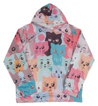 Růžovo-barevná vzorovaná mikina s kočičkami a kapucí 