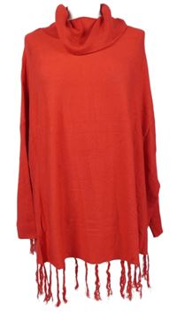 Dámský červený svetr s rolákem  a třásněmi Bonprix 