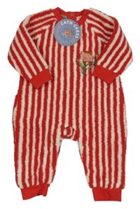 Nové - Červeno-biela pruhovaná huňatá kombinéza s kvietkom Cath Kids