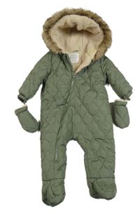 Khaki šušťáková prešívaná zimná kombinéza s kapucí+ rukavice F&F