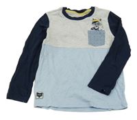 Modro-sivé tričko s vlkem a kapsičkou N.K.D