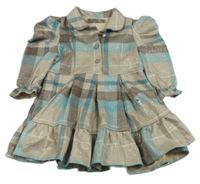 Béžovo-modro-hnedé kockované šaty s golierikom