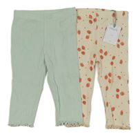 Nové -2x žebrované legíny - smetanové s jahodami + zelenkavé Tu