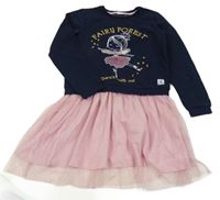 Tmavomodro-růžové teplákovo/tylové šaty s baletkou a nápisem