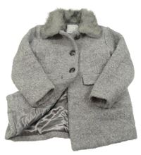 Střbrný vlněný zateplený kabát s kožíškem Primark