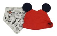 2set - Červená čapica s oušky + bílý vzorovaný slinták s dalmatinem Disney