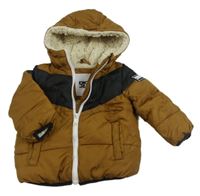 Béžovo-černá šusťáková zimní bunda s kapucí DKNY