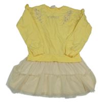Žluto-smetanové teplákovo/síťované šaty s kytičkami a volánky 
