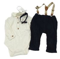 Nové - 3set - Bílé body s límečkem + tmavomodré manšestrové kalhoty + motýlek Next
