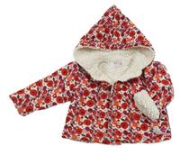 Bílý manšestrový zateplený kabátek s kytičkami a kapucí Petits