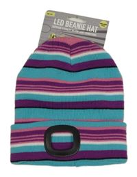 Nové - Tyrkysovo-růžová pruhovaná pruhovaná pletená čepice na led světlo