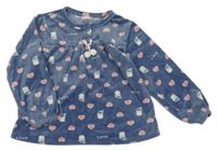 Modrá srdiečkovaná zamatová mikina s tučňáky