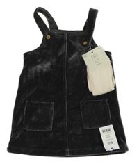 Nové - 2set - Tmavosivé zamatové rebrované šaty + smotanové pančuchy George