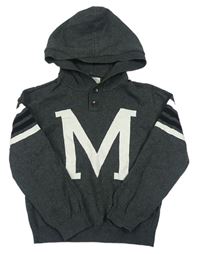Tmavosivý melírovaný sveter s písmenkom a pruhmi a kapucňou H&M